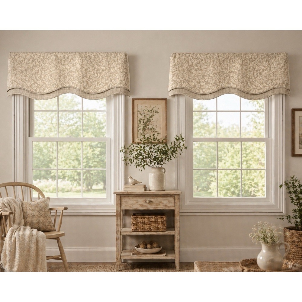 Neutral Waverly Fern Gingham Valance Pair Cotton Scalloped 18" x 76" Made n USA
